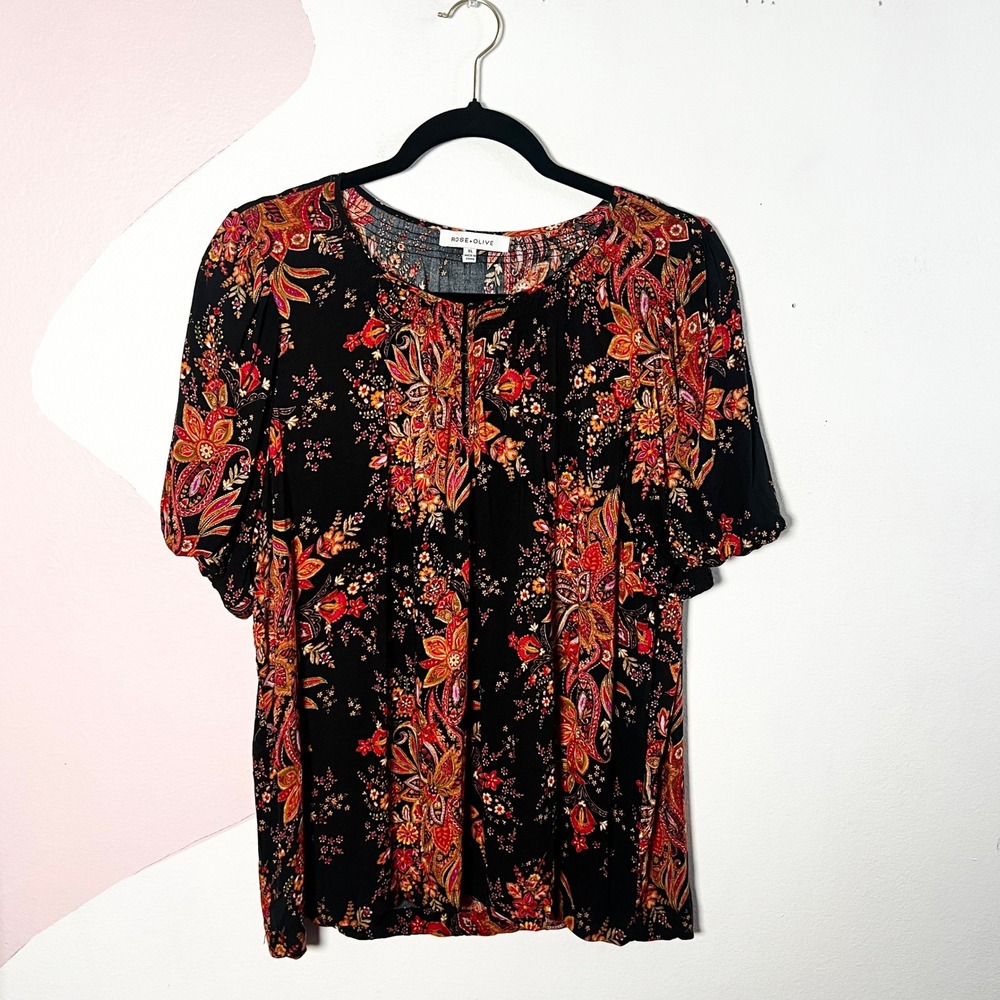 Rose + Olive Blouse Top Womens XL Black Paisley Floral Rayon Short Sleeve